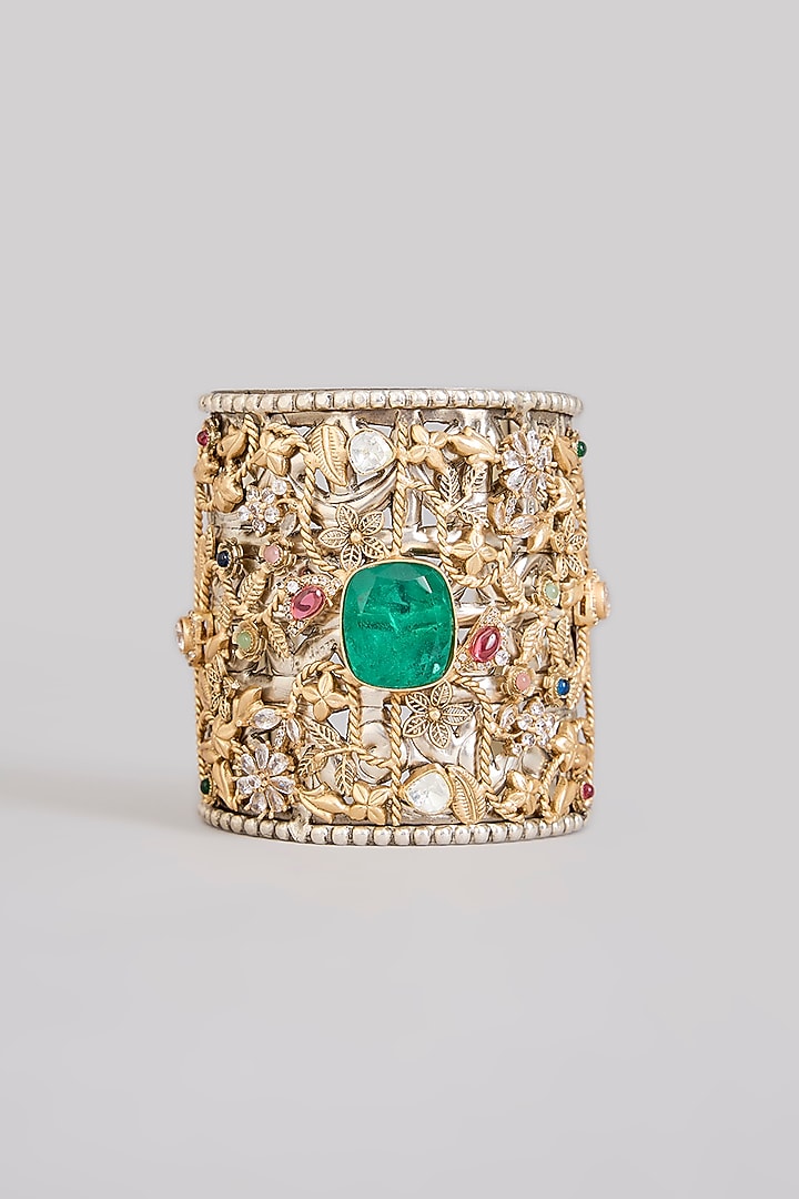 Gold Finish Green Kundan Polki Broad Cuff by Zevar by Geeta at Pernia's Pop Up Shop