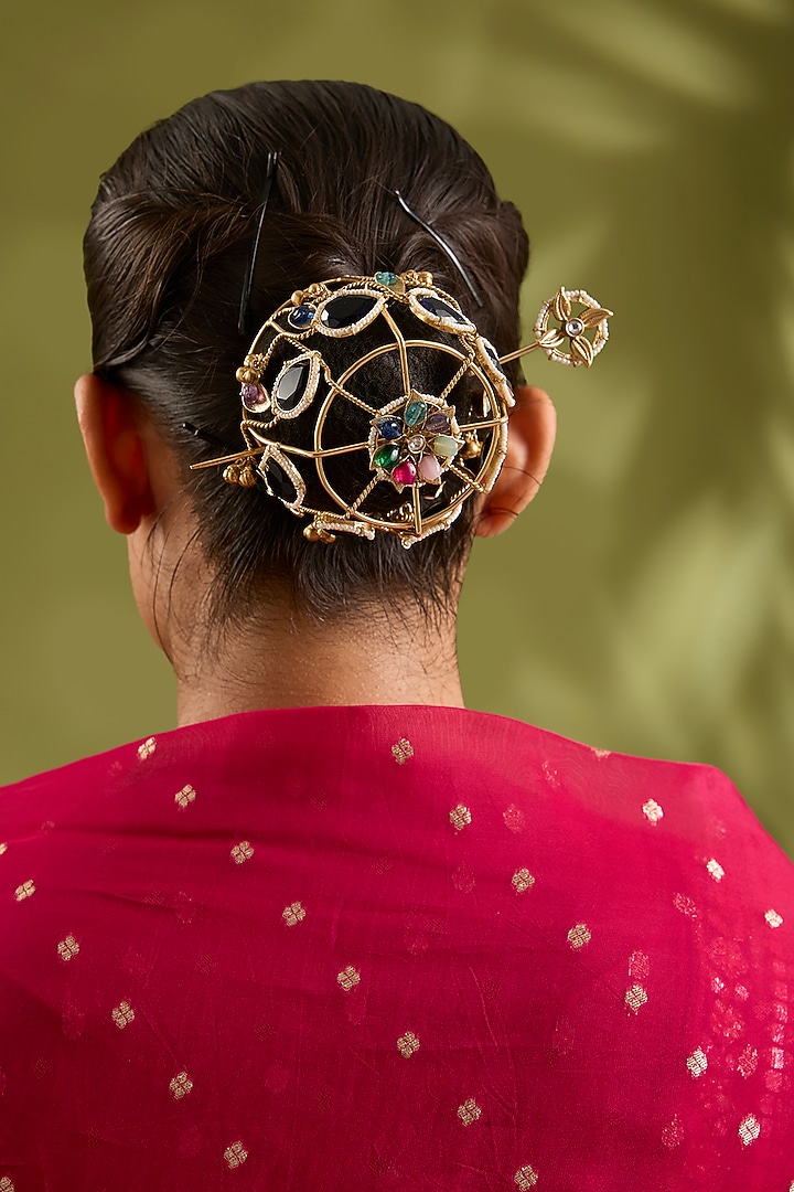 Gold Finish Kundan Polki & Multi-Colored Stone Hair Bun by Zevar by Geeta at Pernia's Pop Up Shop