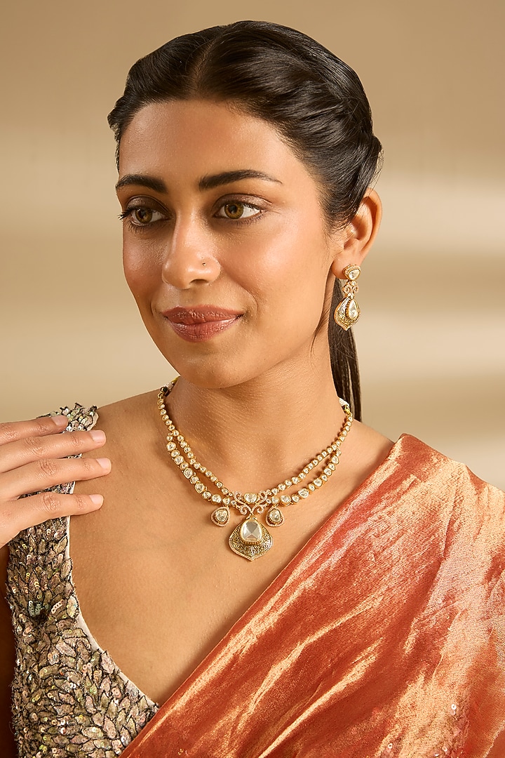Gold Finish Moissanite Stone Necklace Set by Zevar by Geeta at Pernia's Pop Up Shop