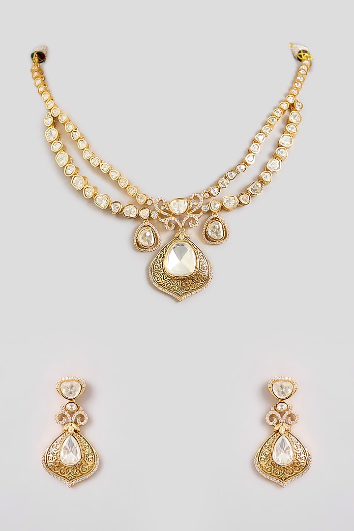 Gold Finish Moissanite Stone Necklace Set by Zevar by Geeta at Pernia's Pop Up Shop
