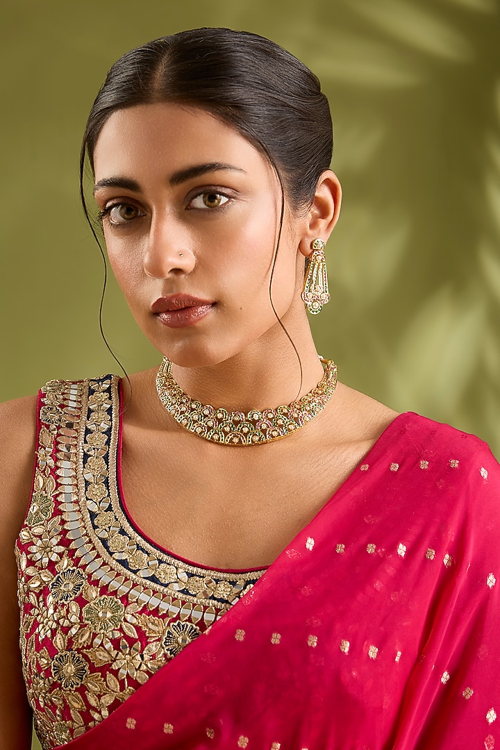 Gold Finish Jadau Necklace Set by Zevar by Geeta at Pernia's Pop Up Shop