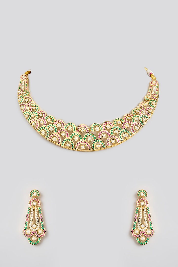 Gold Finish Jadau Necklace Set by Zevar by Geeta at Pernia's Pop Up Shop