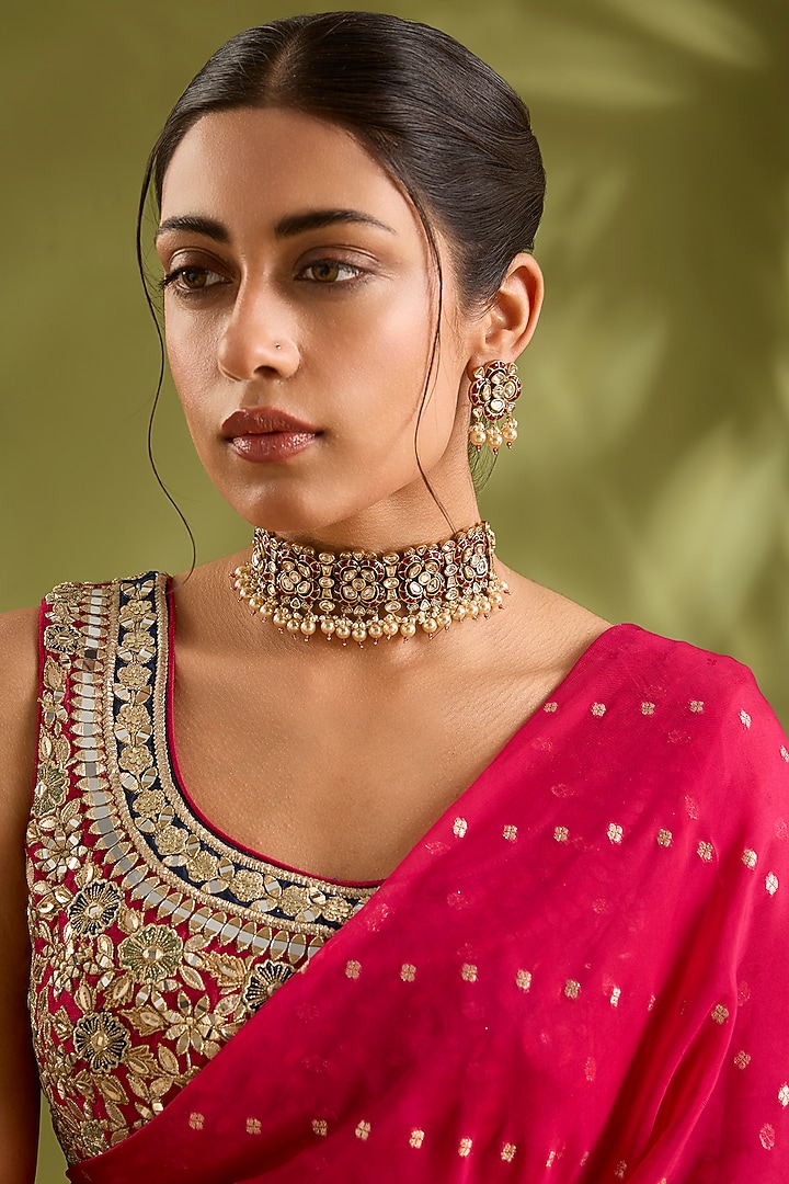 Gold Finish Kundan Polki & Red Stone Choker Necklace Set by Zevar by Geeta at Pernia's Pop Up Shop