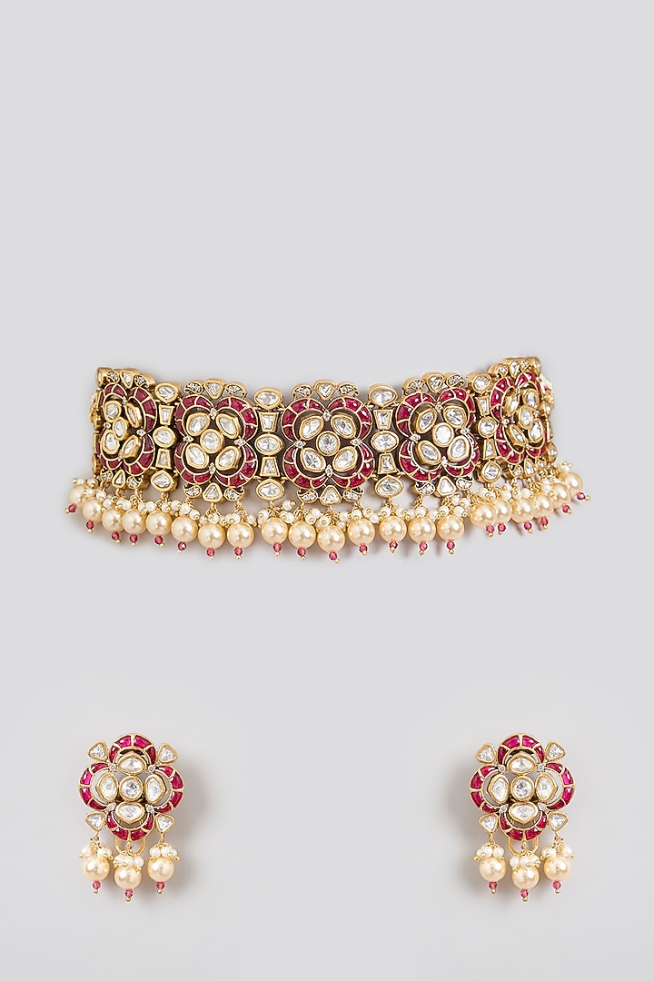 Gold Finish Kundan Polki & Red Stone Choker Necklace Set by Zevar by Geeta at Pernia's Pop Up Shop