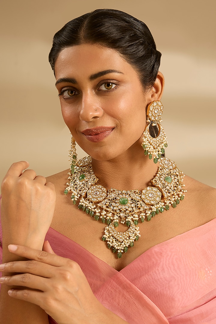Gold Finish Kundan Polki & Green Pearl Necklace Set by Zevar by Geeta at Pernia's Pop Up Shop