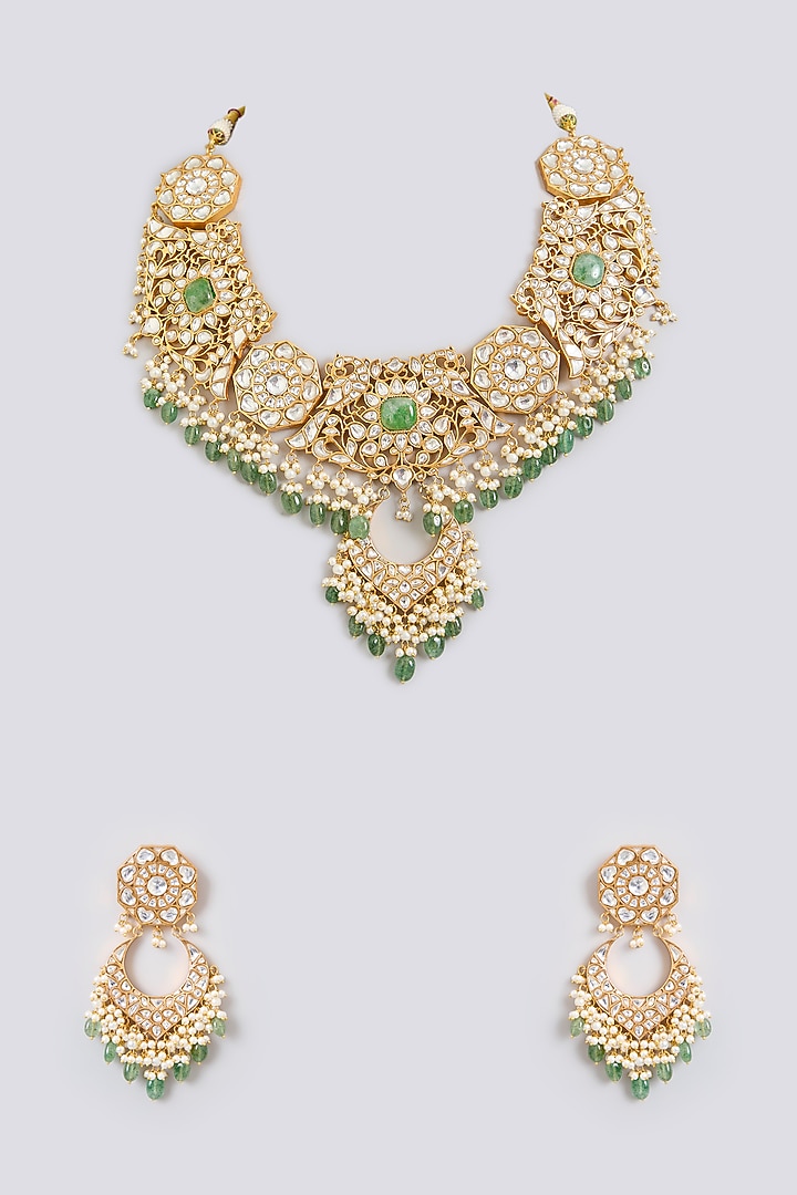Gold Finish Kundan Polki & Green Pearl Necklace Set by Zevar by Geeta at Pernia's Pop Up Shop