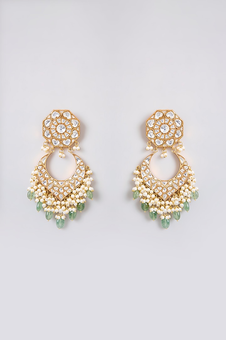 Gold Finish Kundan Polki & Green Pearl Necklace Set by Zevar by Geeta at Pernia's Pop Up Shop