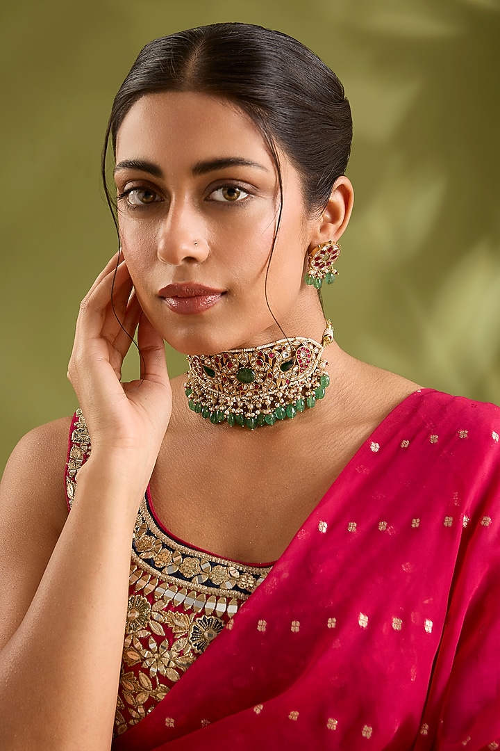 Gold Finish Kundan Polki & Green Pearl Meenakari Choker Necklace Set by Zevar by Geeta at Pernia's Pop Up Shop