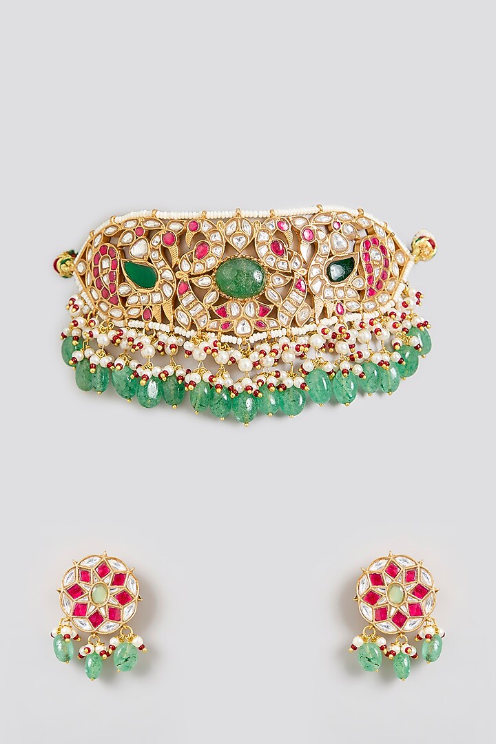 Gold Finish Kundan Polki & Green Pearl Meenakari Choker Necklace Set by Zevar by Geeta at Pernia's Pop Up Shop