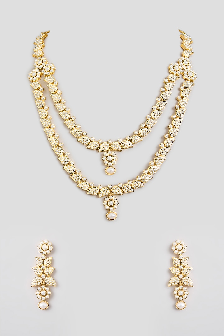 Gold Finish Long Jadau Necklace Set by Zevar By Geeta at Pernia's Pop Up Shop