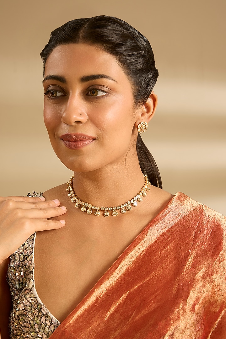 Gold Finish Moissanite Stone Necklace Set by Zevar By Geeta at Pernia's Pop Up Shop