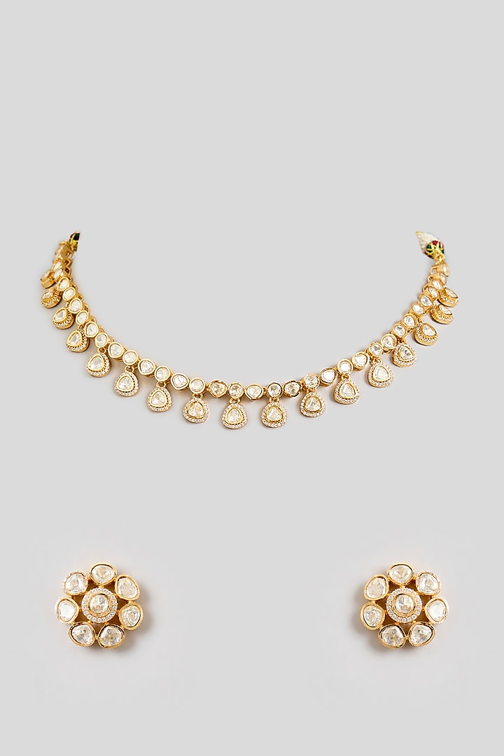 Gold Finish Moissanite Stone Necklace Set by Zevar By Geeta at Pernia's Pop Up Shop
