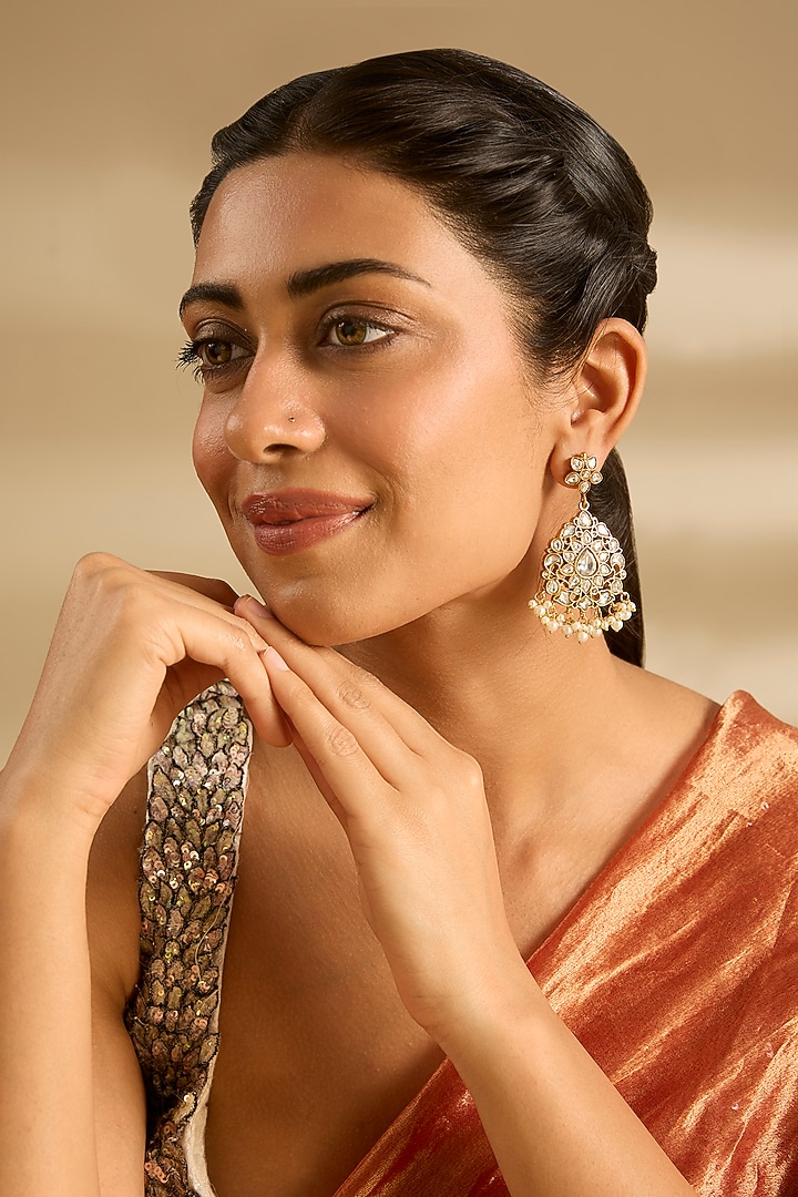 Gold Finish Kundan Polki Dangler Earrings by Zevar By Geeta at Pernia's Pop Up Shop