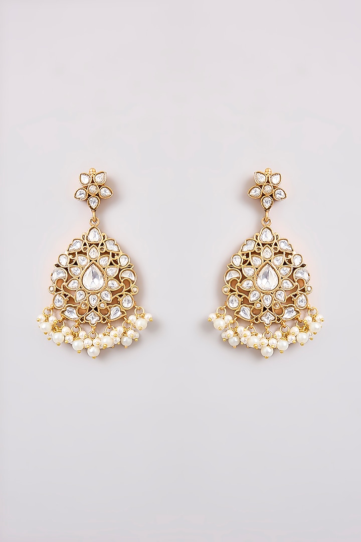 Gold Finish Kundan Polki Dangler Earrings by Zevar By Geeta at Pernia's Pop Up Shop