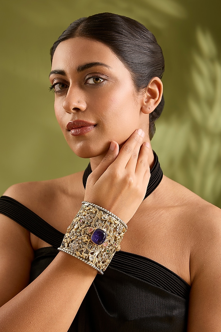 Gold Finish Kundan Polki & Purple Stone Broad Cuff by Zevar By Geeta at Pernia's Pop Up Shop