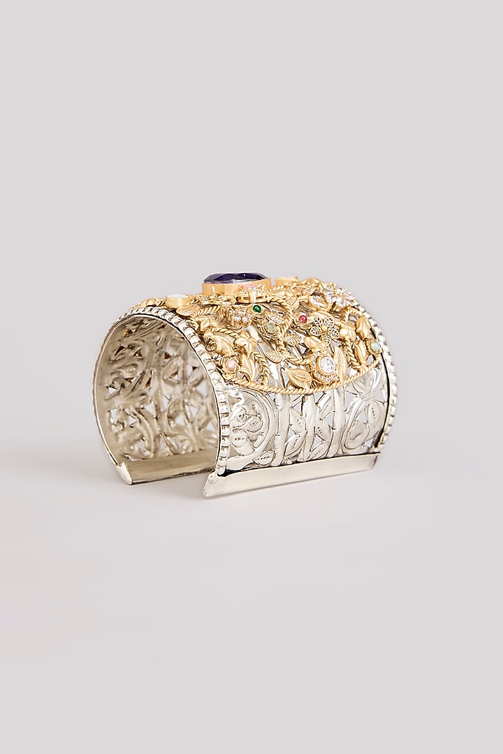 Gold Finish Kundan Polki & Purple Stone Broad Cuff by Zevar By Geeta at Pernia's Pop Up Shop