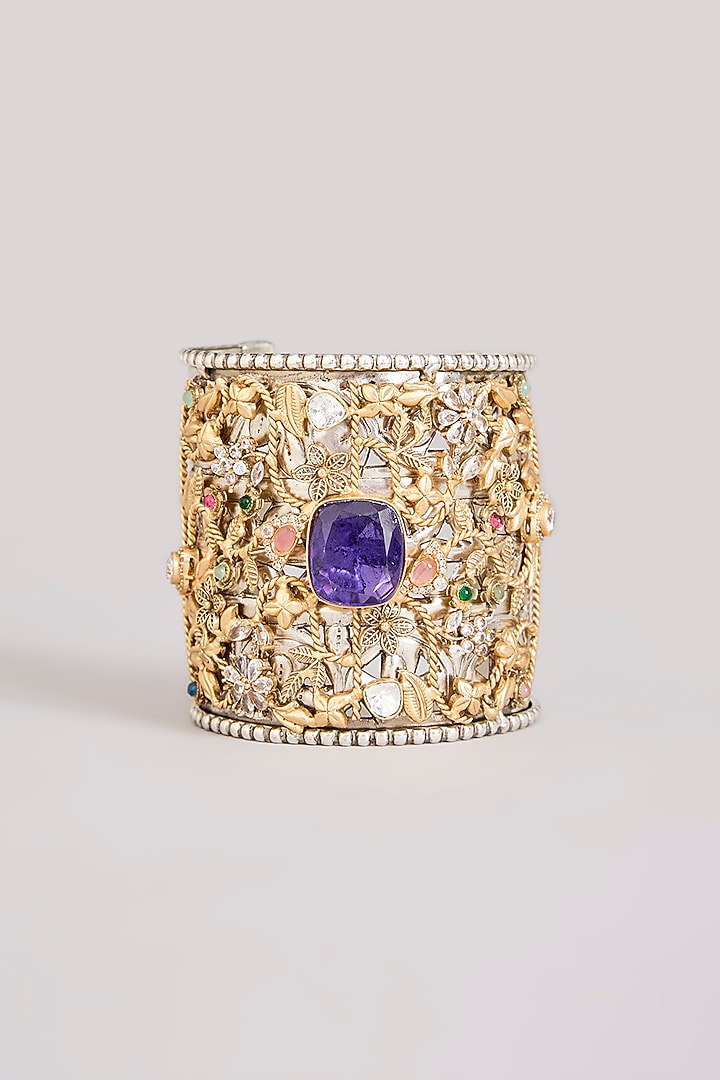 Gold Finish Kundan Polki & Purple Stone Broad Cuff by Zevar By Geeta at Pernia's Pop Up Shop