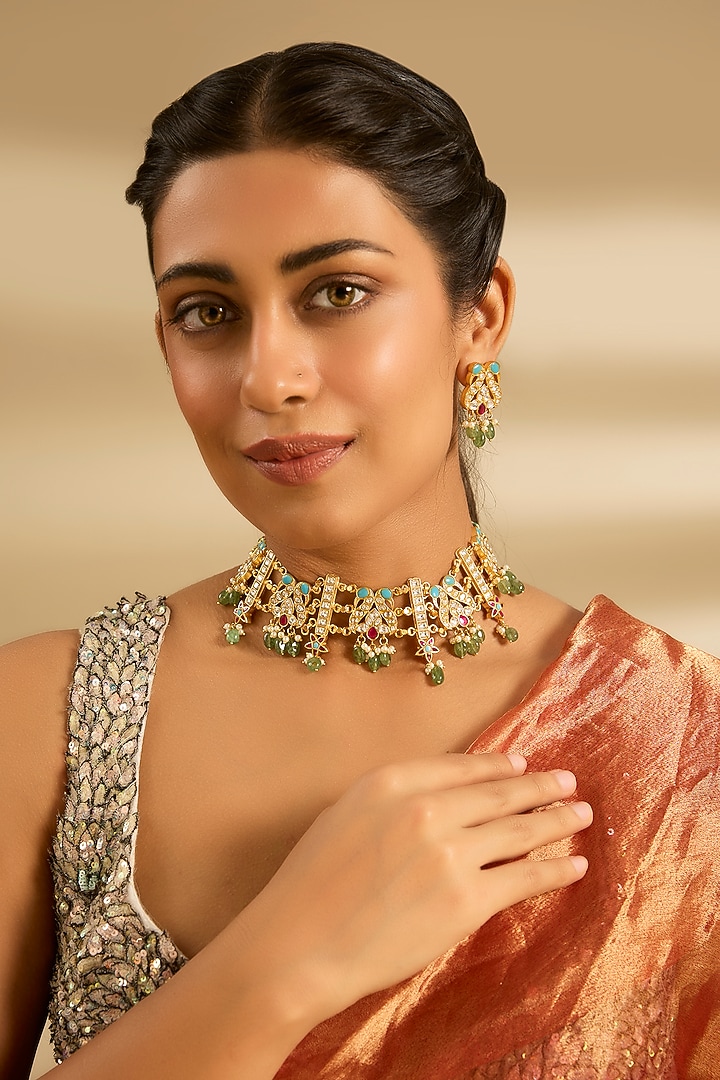 Gold Finish Green Kundan Polki & Pearl Choker Necklace Set by Zevar By Geeta at Pernia's Pop Up Shop