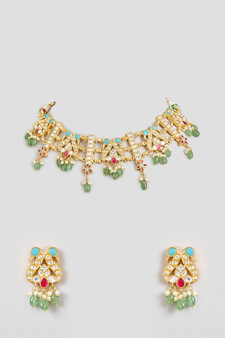 Gold Finish Green Kundan Polki & Pearl Choker Necklace Set by Zevar By Geeta at Pernia's Pop Up Shop