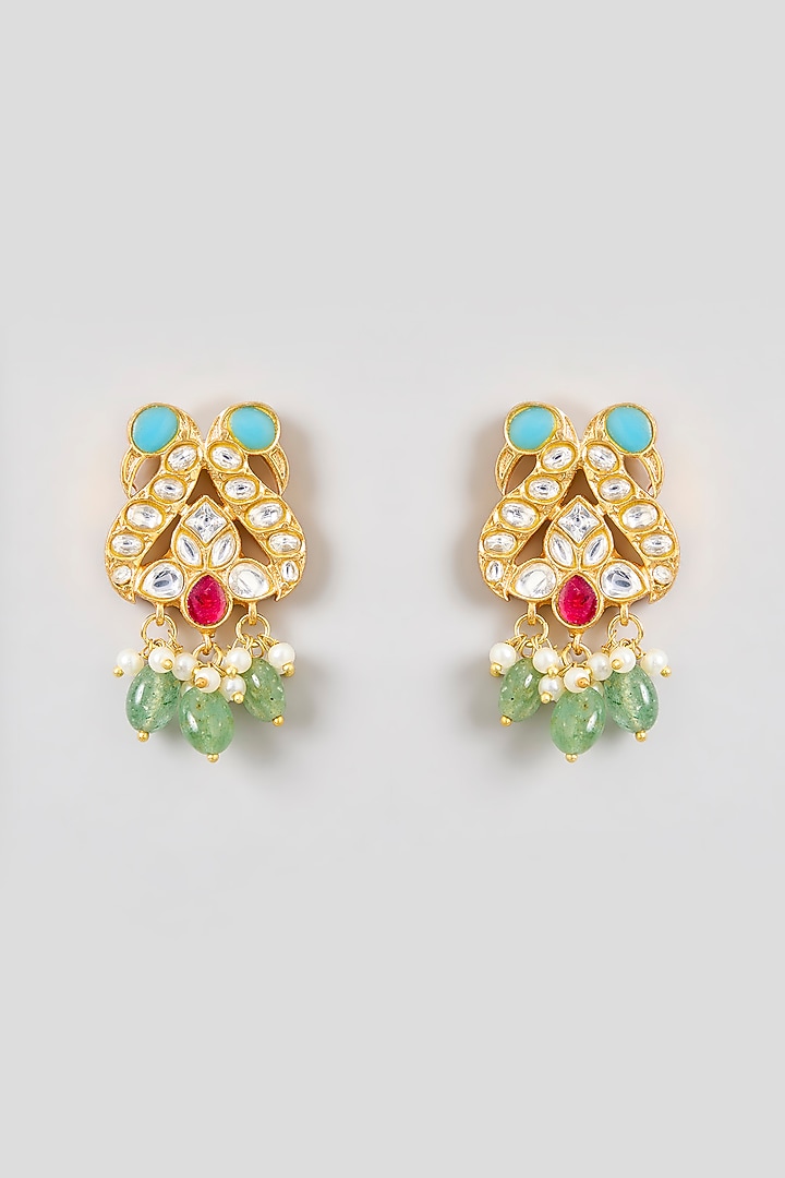 Gold Finish Green Kundan Polki & Pearl Choker Necklace Set by Zevar By Geeta at Pernia's Pop Up Shop