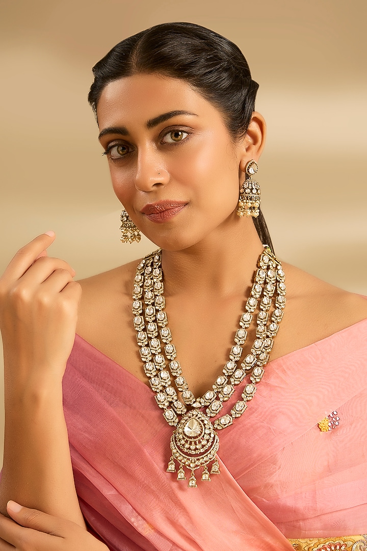 Two Tone Finish Kundan Polki Layered Necklace Set by Zevar By Geeta at Pernia's Pop Up Shop