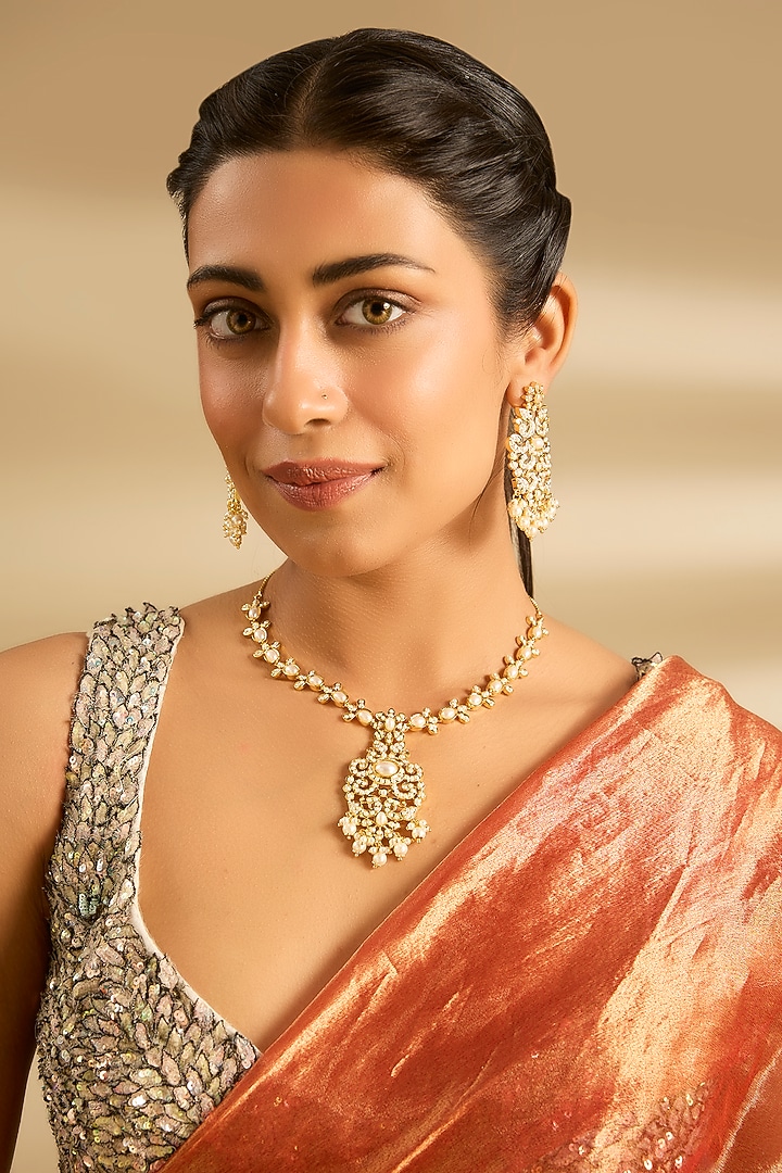 Gold Finish Jadau Necklace Set by Zevar By Geeta at Pernia's Pop Up Shop