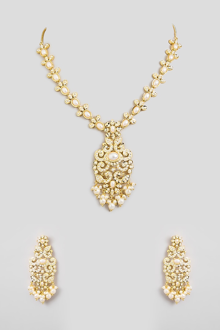 Gold Finish Jadau Necklace Set by Zevar By Geeta at Pernia's Pop Up Shop