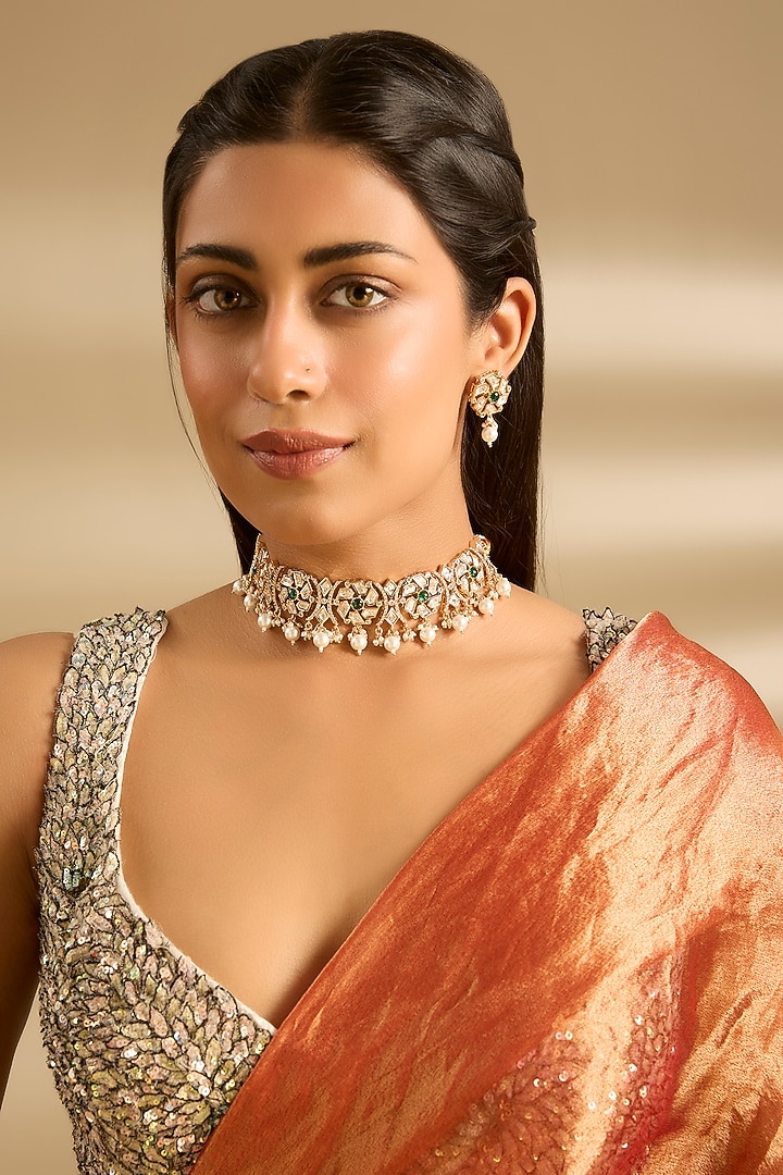 Gold Finish Kundan Polki & Green Stone Choker Necklace Set by Zevar By Geeta at Pernia's Pop Up Shop