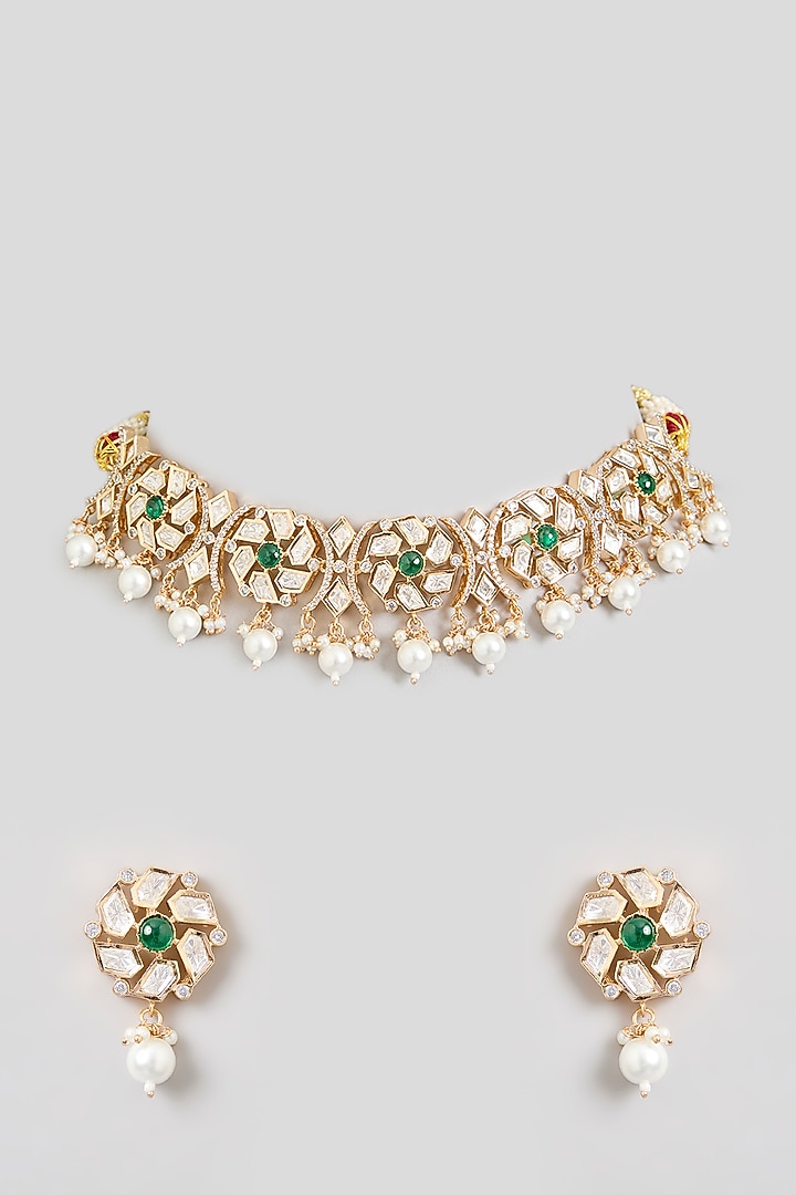Gold Finish Kundan Polki & Green Stone Choker Necklace Set by Zevar By Geeta at Pernia's Pop Up Shop