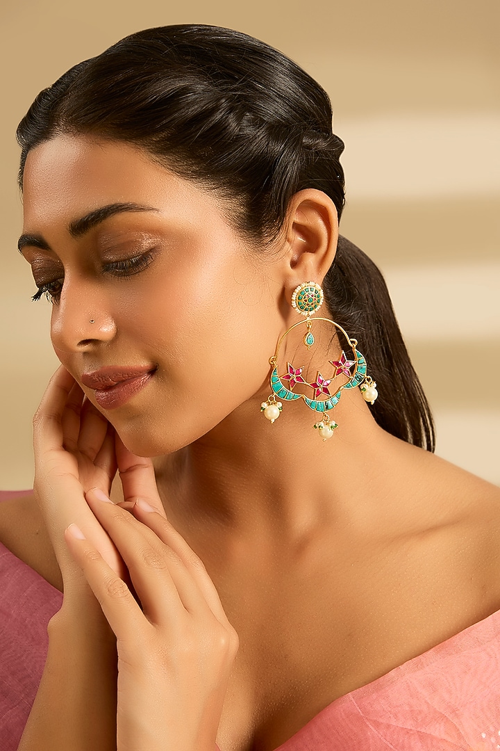 Gold Finish Kundan Polki & Pearl Chandbali Earrings by Zevar By Geeta at Pernia's Pop Up Shop