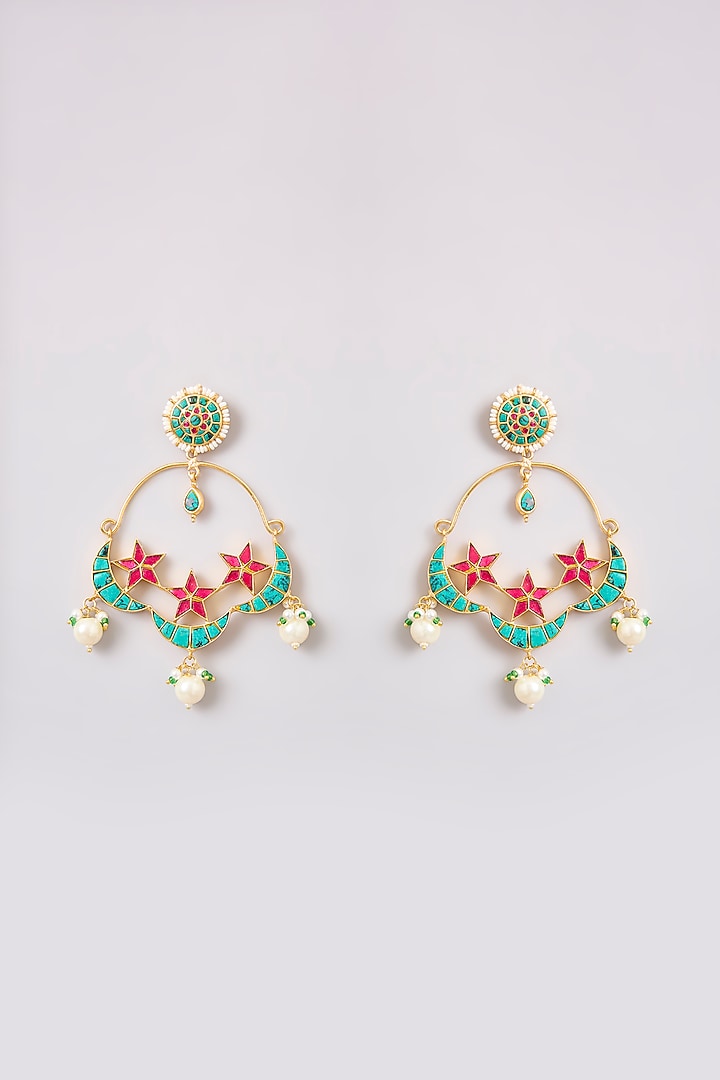 Gold Finish Kundan Polki & Pearl Chandbali Earrings by Zevar By Geeta at Pernia's Pop Up Shop
