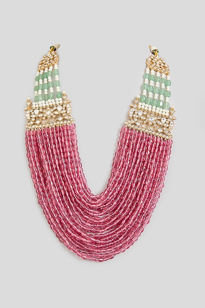 Gold Finish Ruby & Emerald Long Necklace by Zevar By Geeta at Pernia's Pop Up Shop