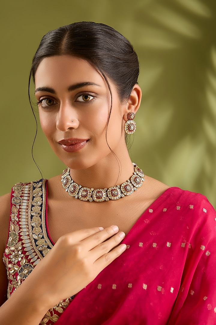 Gold Finish Kundan Polki & Pink Stone Necklace Set by Zevar By Geeta at Pernia's Pop Up Shop