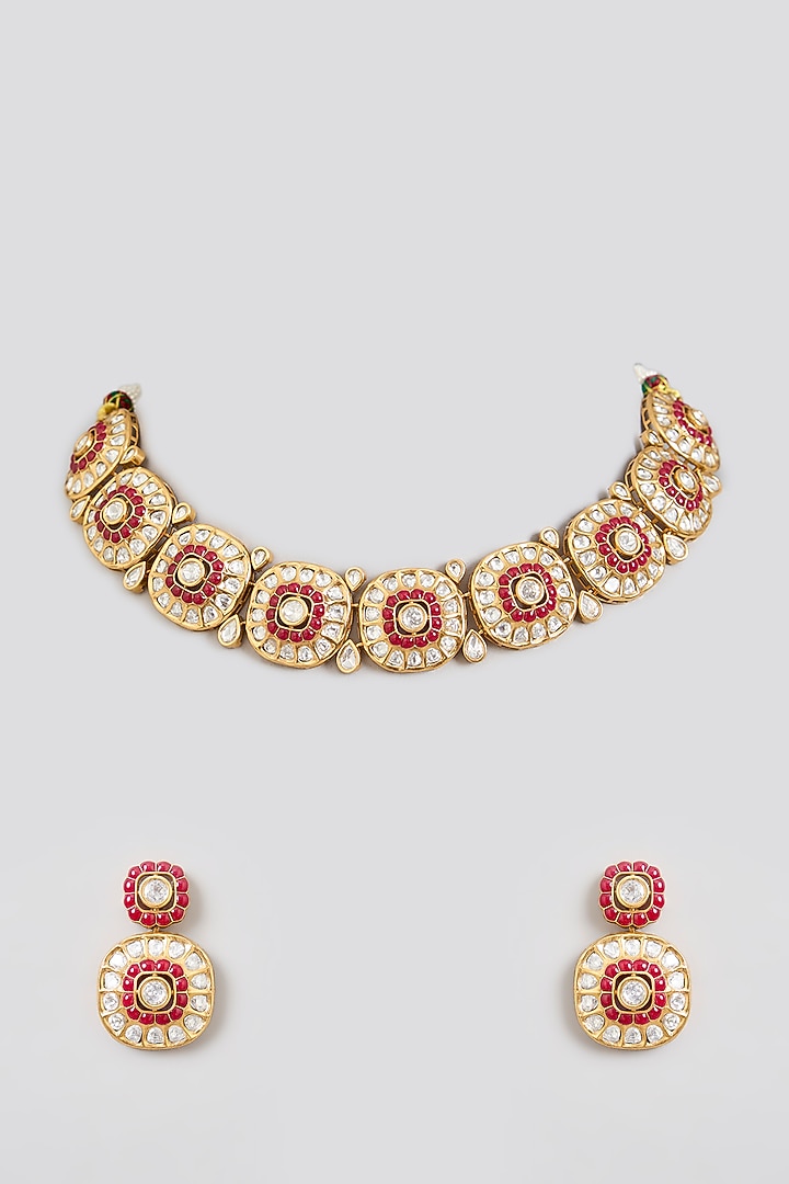 Gold Finish Kundan Polki & Pink Stone Necklace Set by Zevar By Geeta at Pernia's Pop Up Shop
