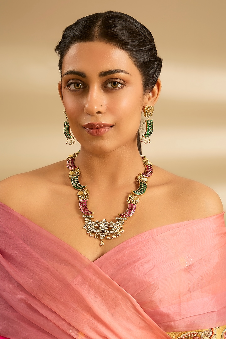Gold Finish Kundan Polki & Ruby Long Necklace Set by Zevar By Geeta at Pernia's Pop Up Shop