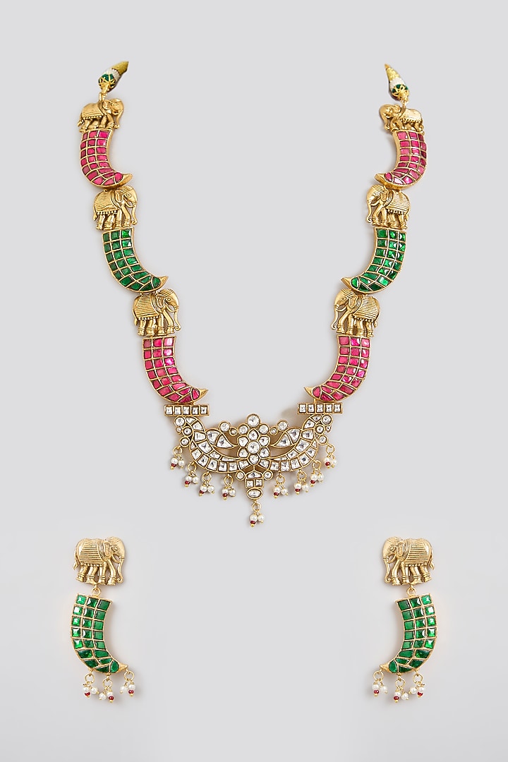 Gold Finish Kundan Polki & Ruby Long Necklace Set by Zevar By Geeta at Pernia's Pop Up Shop