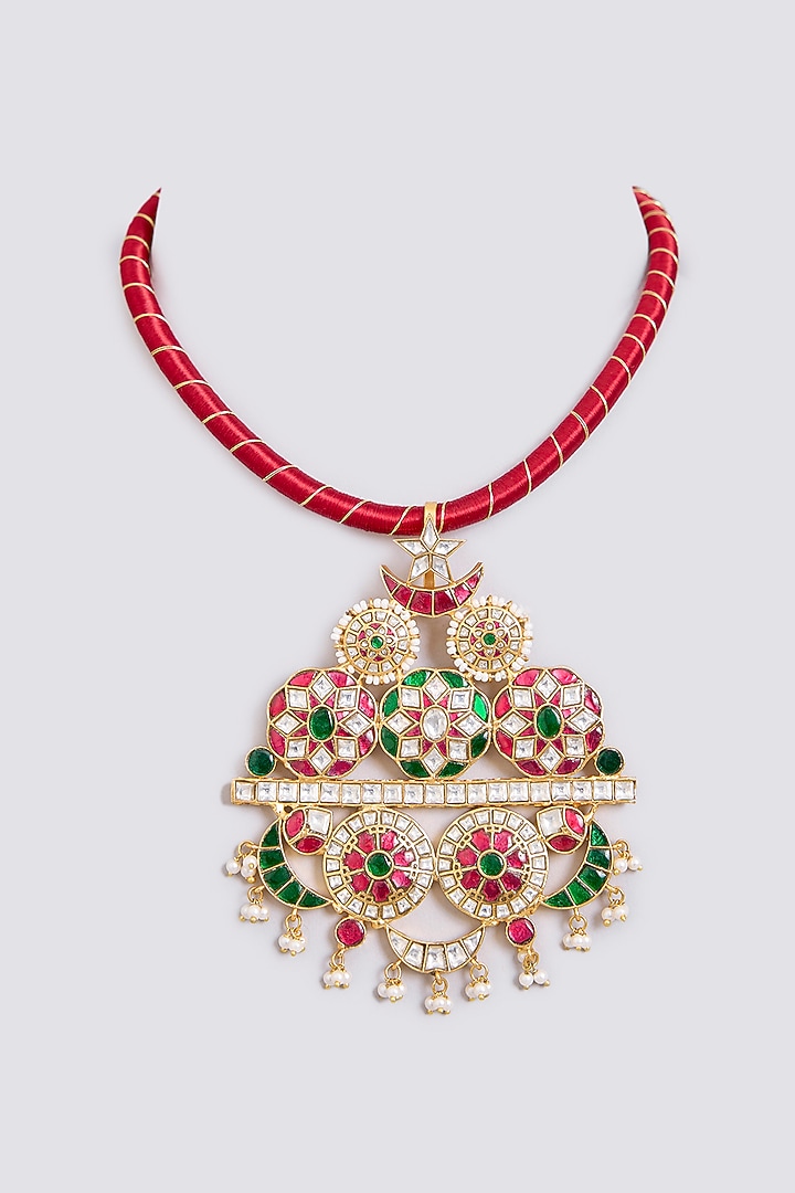 Gold Finish Kundan Polki & Ruby Hasli Pendant Necklace by Zevar By Geeta at Pernia's Pop Up Shop
