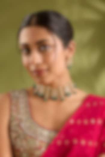 Gold Finish Kundan Polki & Green Pearl Choker Necklace Set by Zevar By Geeta at Pernia's Pop Up Shop