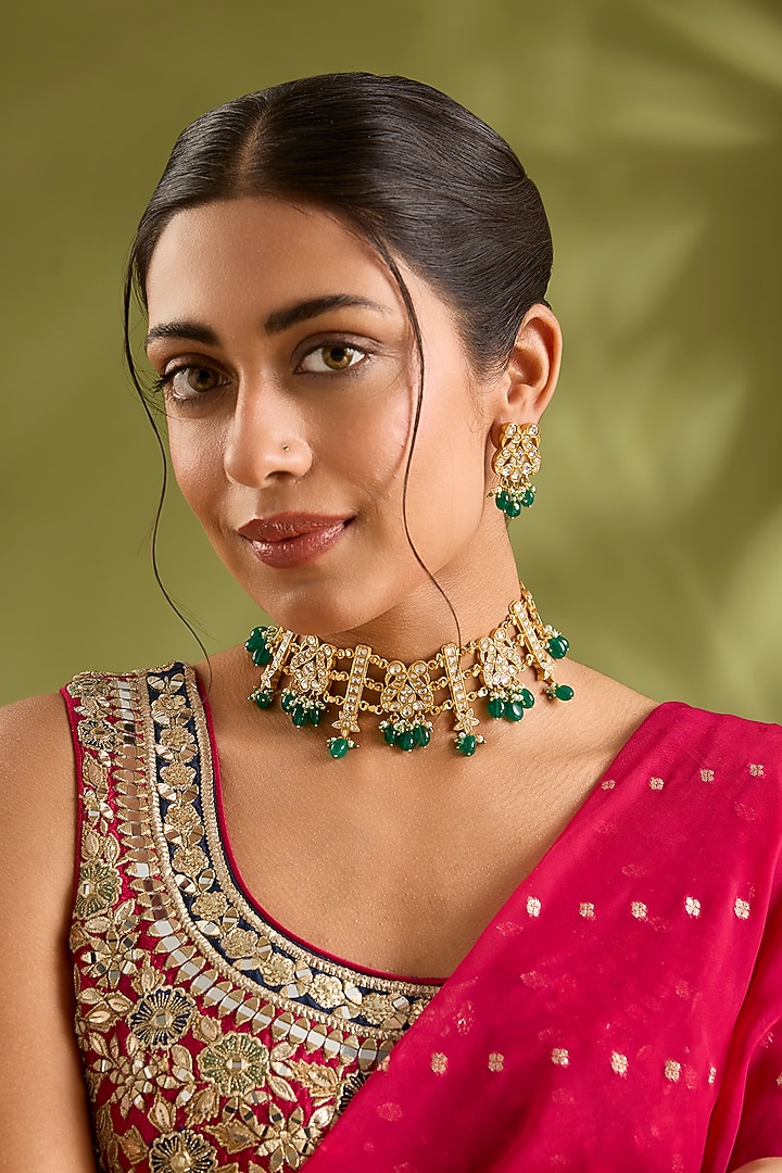 Gold Finish Kundan Polki & Green Pearl Choker Necklace Set by Zevar By Geeta at Pernia's Pop Up Shop