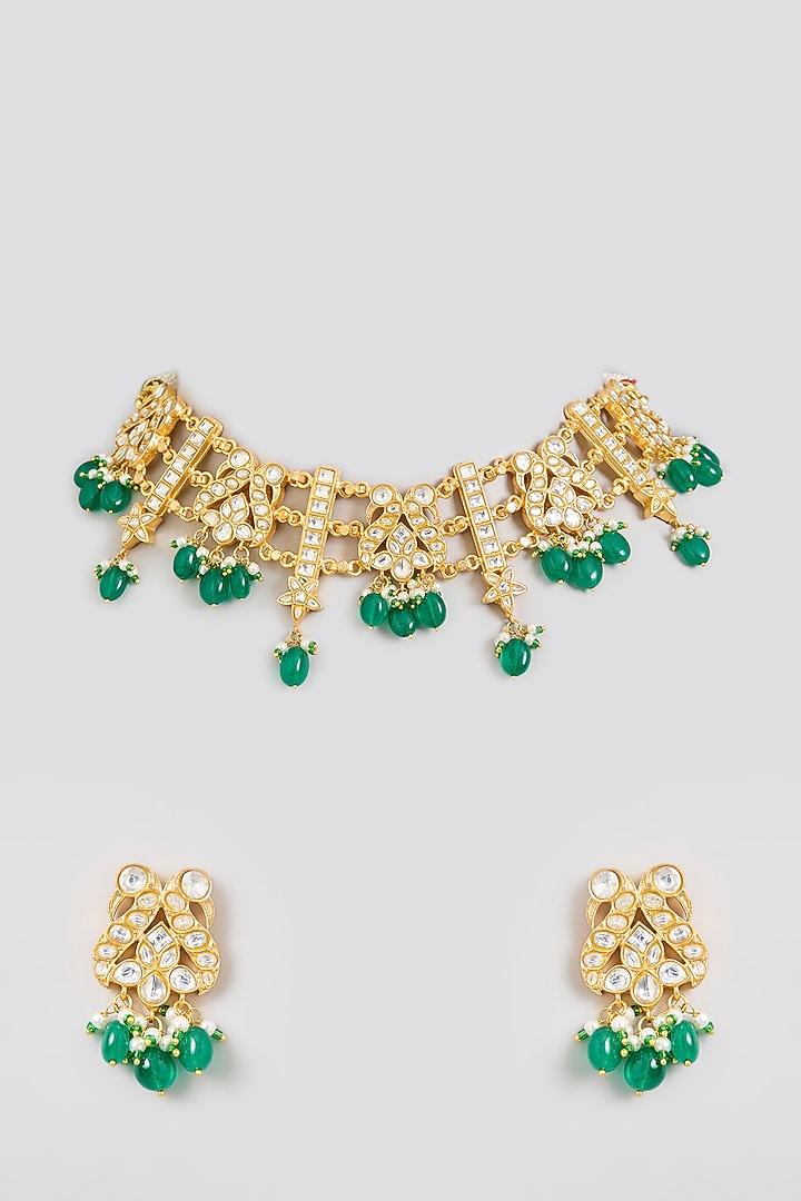 Gold Finish Kundan Polki & Green Pearl Choker Necklace Set by Zevar By Geeta at Pernia's Pop Up Shop