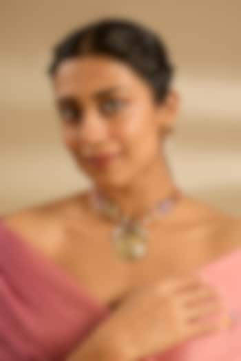 Gold Finish Kundan Polki & Multi-Colored Stone Pendant Necklace Set by Zevar By Geeta at Pernia's Pop Up Shop