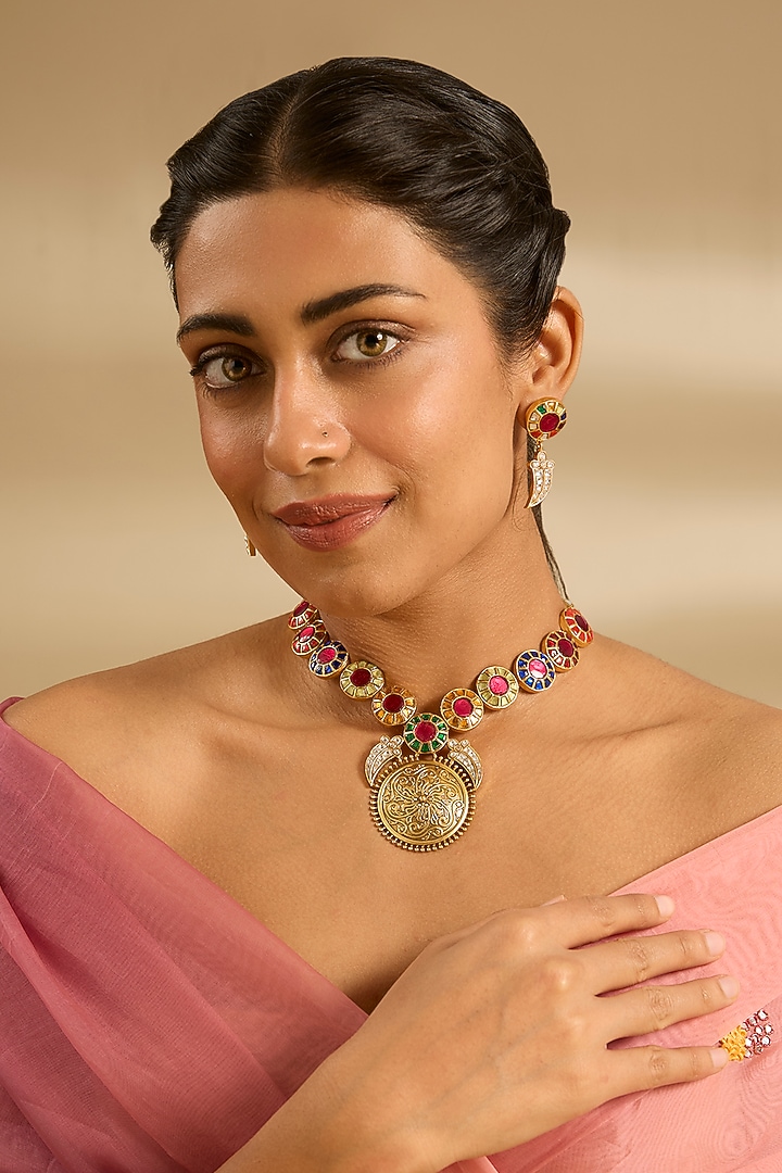 Gold Finish Kundan Polki & Multi-Colored Stone Pendant Necklace Set by Zevar By Geeta at Pernia's Pop Up Shop
