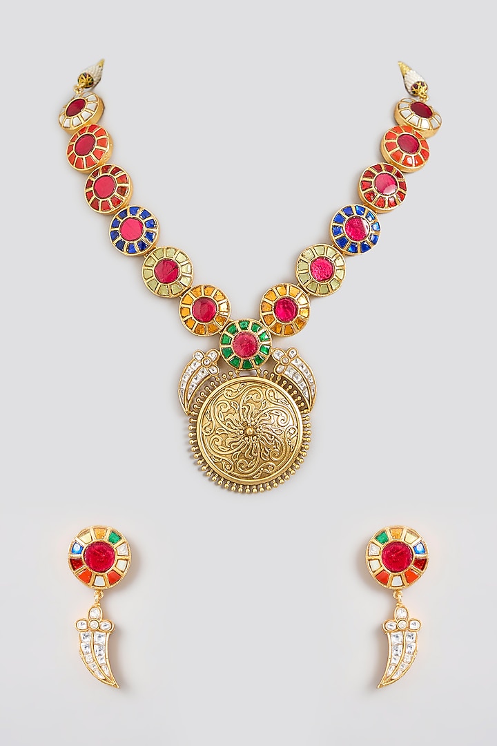 Gold Finish Kundan Polki & Multi-Colored Stone Pendant Necklace Set by Zevar By Geeta at Pernia's Pop Up Shop
