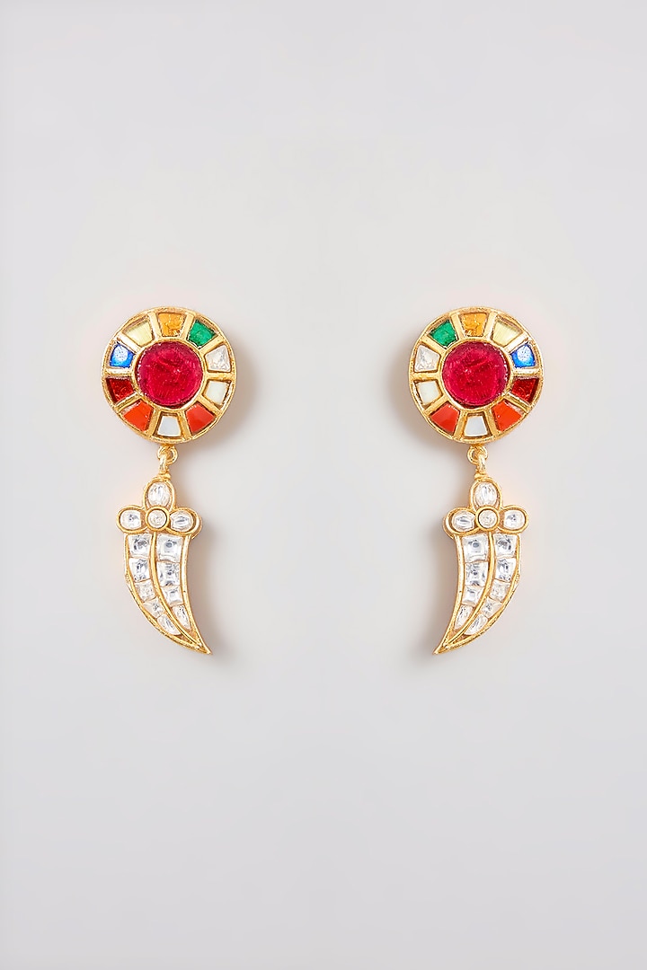 Gold Finish Kundan Polki & Multi-Colored Stone Pendant Necklace Set by Zevar By Geeta at Pernia's Pop Up Shop