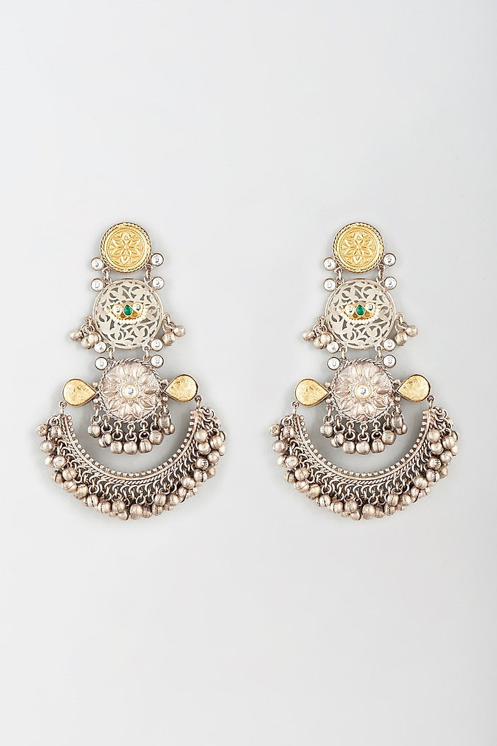 Oxidised Finish Kundan Polki & Pearl Chandbali Earrings by Zevar by Geeta