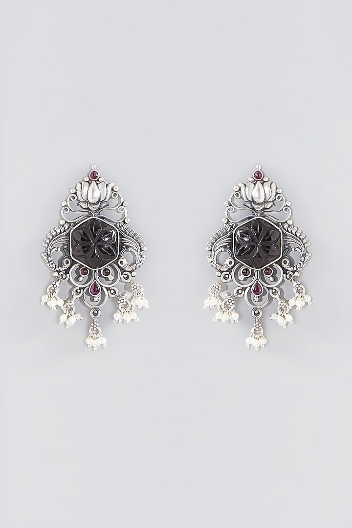 Silver Finish Black Stone Dangler Earrings In Sterling Silver by Chandni By Zevar By Geeta at Pernia's Pop Up Shop