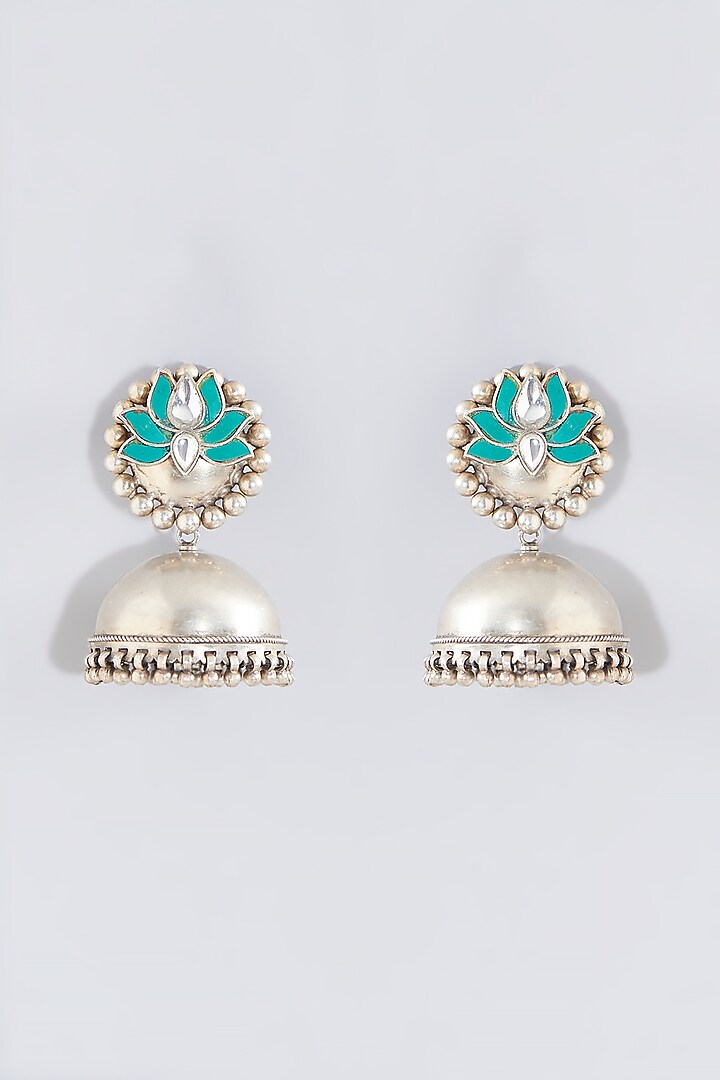 Silver Finish Jhumka Earrings In Sterling Silver by Chandni By Zevar By Geeta at Pernia's Pop Up Shop