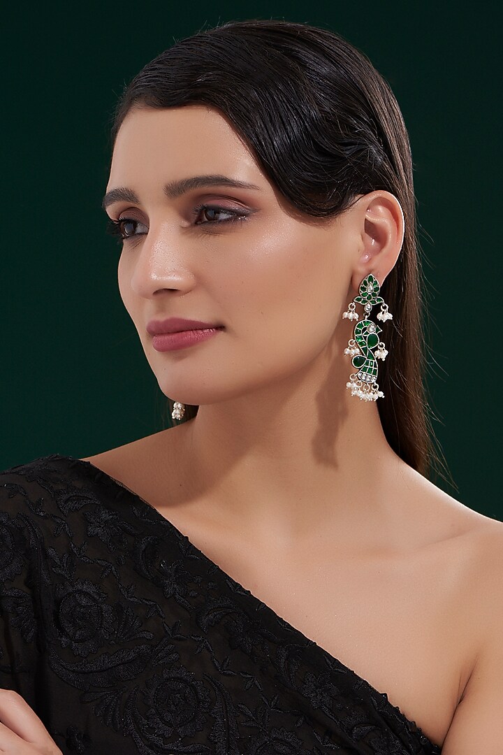 Silver Finish Jhumka Earrings In Sterling Silver by Chandni By Zevar By Geeta at Pernia's Pop Up Shop