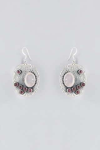 Silver Finish Rose Quartz Dangler Earrings In Sterling Silver by Chandni By Zevar By Geeta