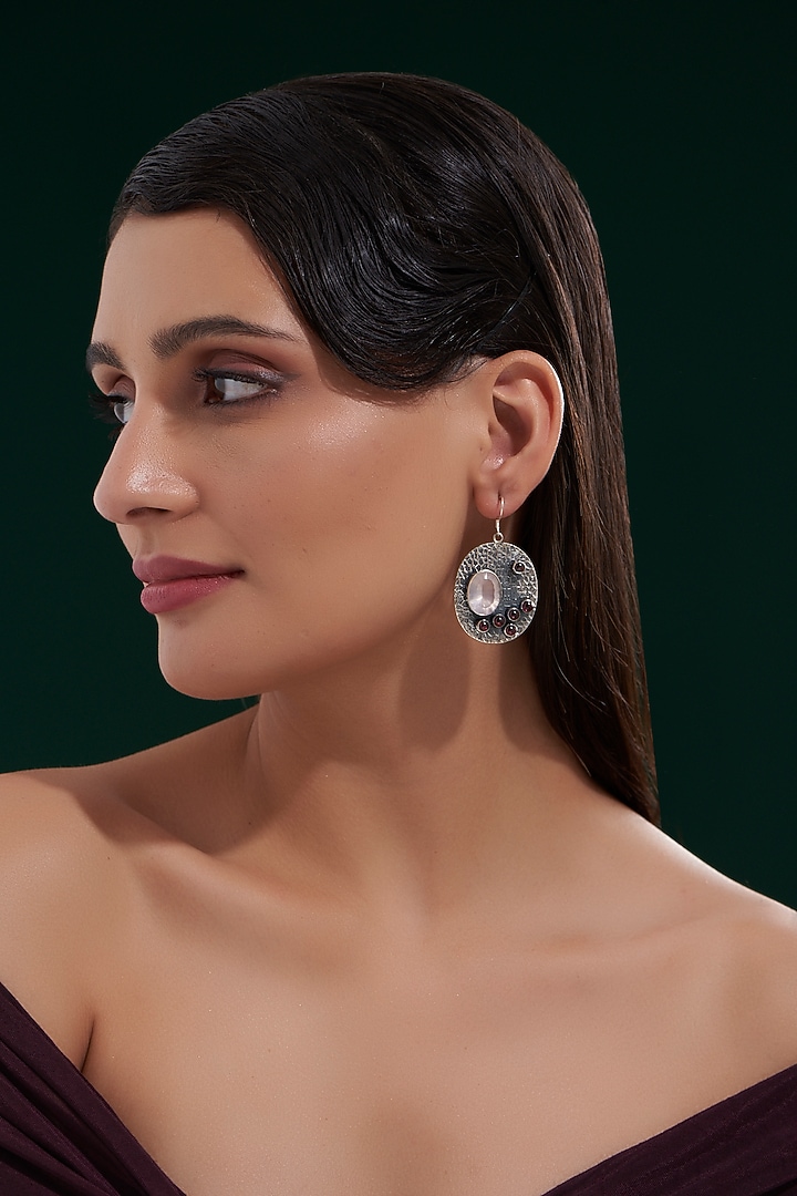 Silver Finish Rose Quartz Dangler Earrings In Sterling Silver by Chandni By Zevar By Geeta at Pernia's Pop Up Shop